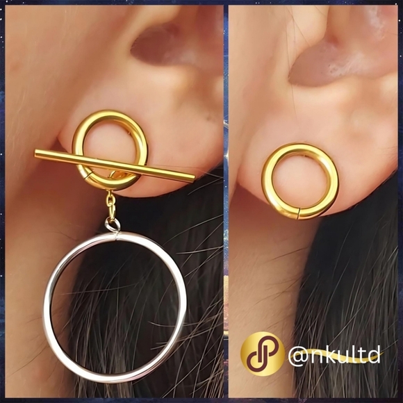 ποΈVersatile OT Buckle Two-Tone Hoop Earrings | 18K Gold Plated Stainless Steel - Picture 3 of 15